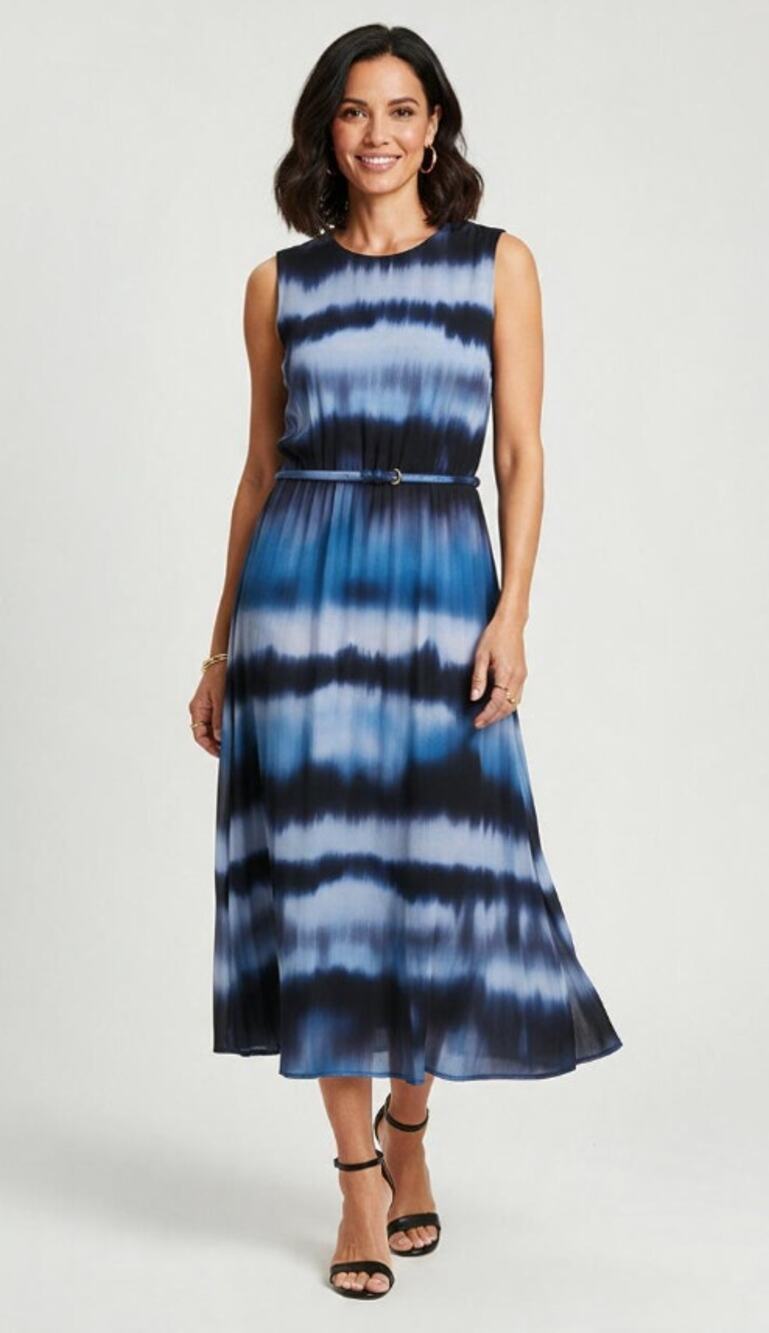 CALVIN KLEIN SLEEVELESS TIE DYE BELTED MIDI DRESS BLUE WOMENS SIZE 4 NEW